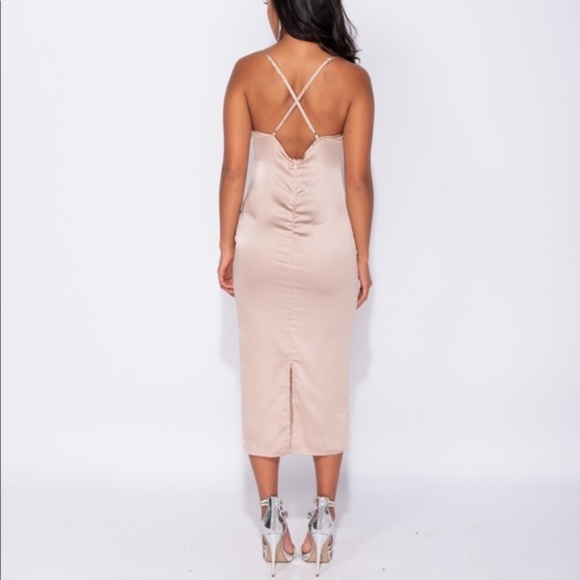 Kylie Nude Champagne Satin Cross Back Midi Dress - Picture 6 of 8